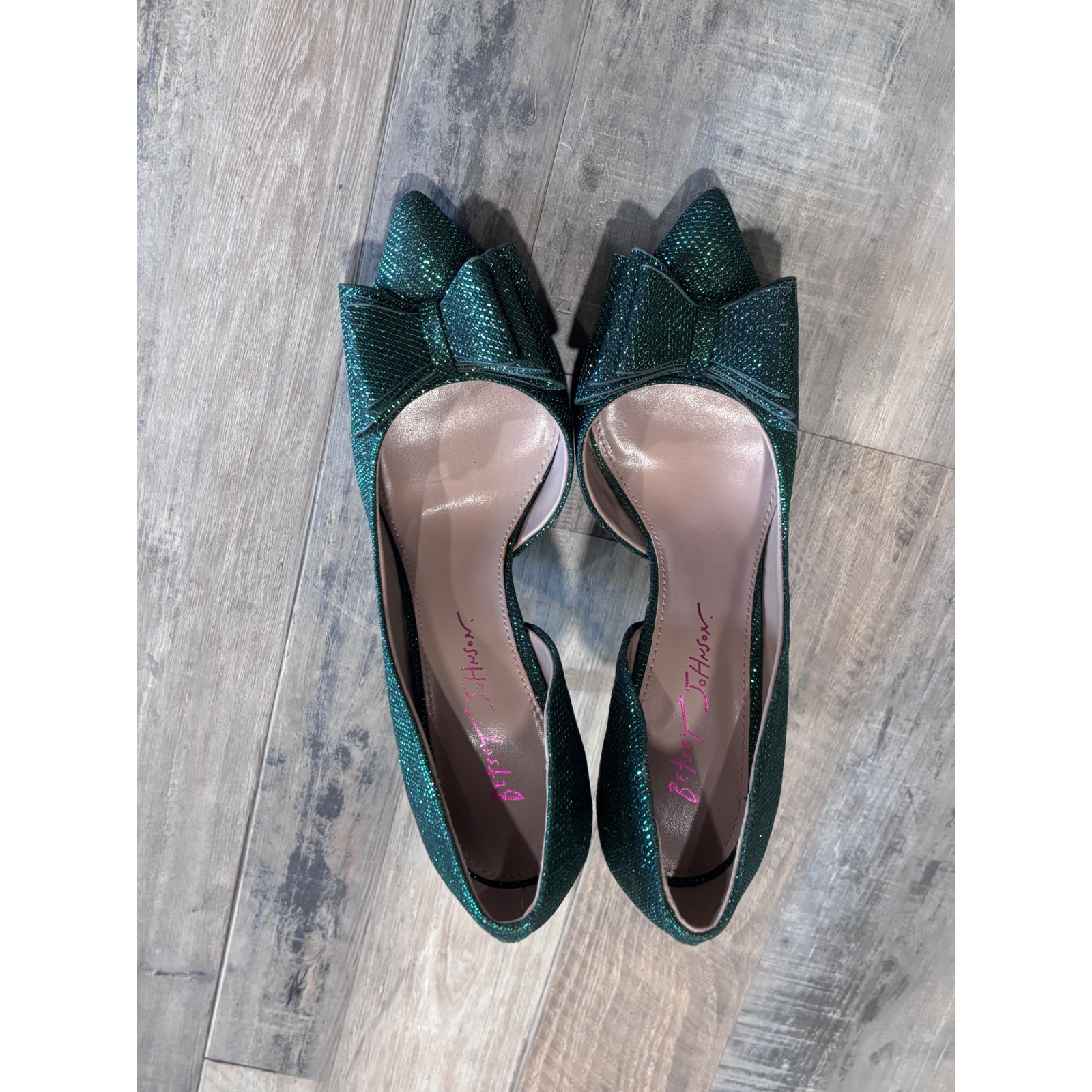 Betsey Johnson Green Glitter Bow D'orsay Pointed Toe Stiletto Pumps Heels